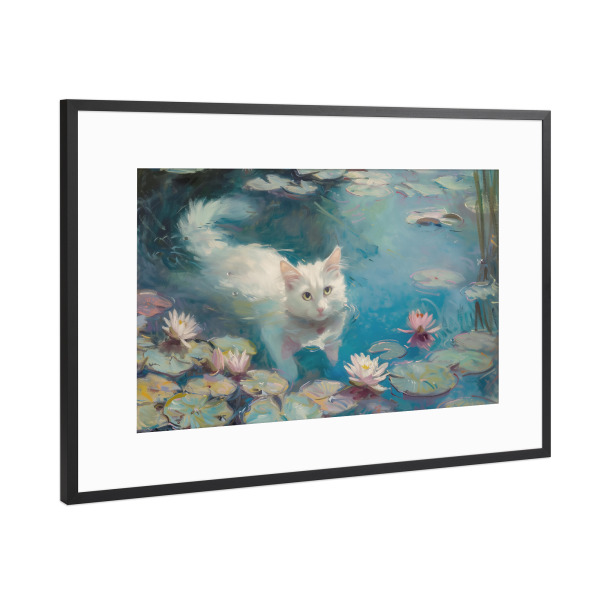 Poster mit Rahmen Schwarz (Metallic) "Weiße Katze schwimmt im Teich" artboxONE - Natur,Floral,Tiere - Weiße katze,Teich,Seerosen