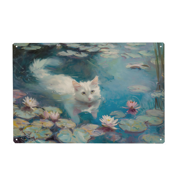 Holzbild "Weiße Katze schwimmt im Teich" artboxONE - Natur,Floral,Tiere - Weiße katze,Teich,Seerosen