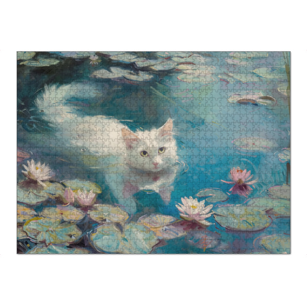 Puzzle Ravensburger "Weiße Katze schwimmt im Teich" artboxONE - Natur,Floral,Tiere - Weiße katze,Teich,Seerosen - Bild weiße katze