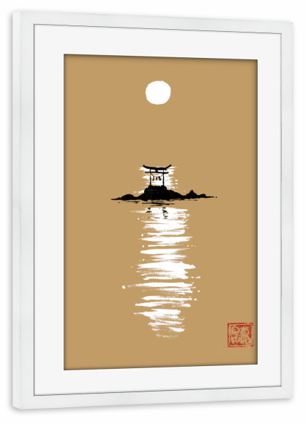 Poster mit Rahmen weiß "Tor am Meer" artboxONE - Reise / Asien - Mond,Sonne,Tor,Meer,Sumie,Sonnenuntergang,Japan