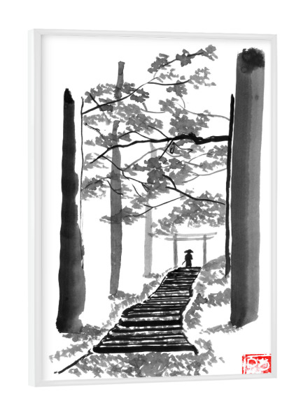 Poster mit weißem Rahmen "Samurai-Wanderung" artboxONE - Natur,Schwarzweiß,Reise / Asien - Trek samurai,Bäume,Treppen,Tor,Sumie,Japan,Samurai