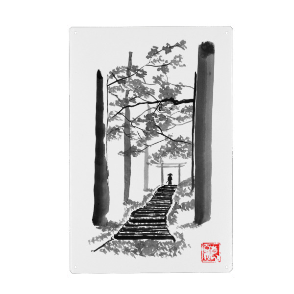 Holzbild "Samurai-Wanderung" artboxONE - Natur,Schwarzweiß,Reise / Asien - Trek samurai,Bäume,Treppen,Tor,Sumie,Japan,Samurai