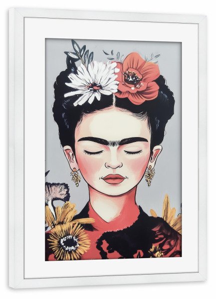 Poster mit Rahmen weiß "Frida Kahlo Blütentraum" artboxONE - Floral,Abstrakt,Menschen