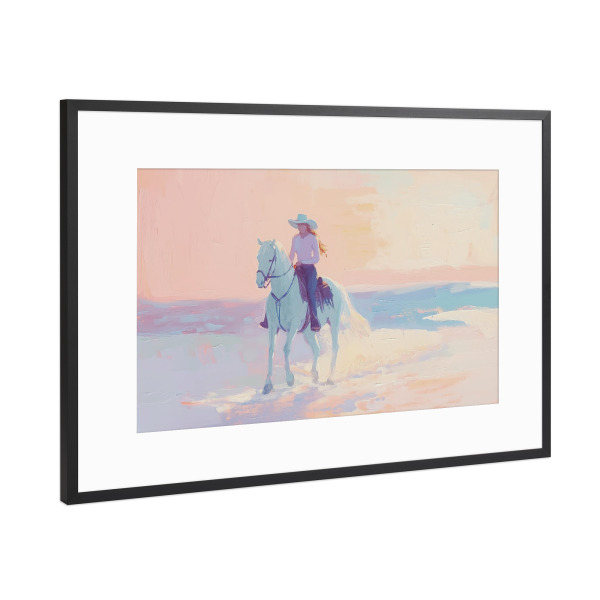 Poster mit Rahmen Schwarz (Metallic) "Cowgirl reitet bei Sonnenuntergang" artboxONE - Natur,Tiere,Menschen - Cowgirl-reitpferd bei sonnenuntergang