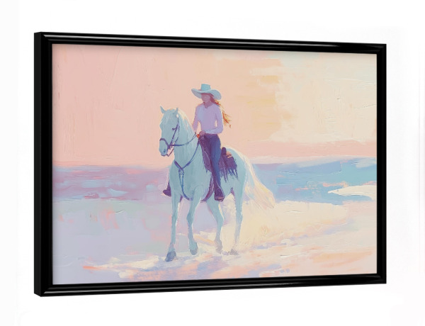 Poster mit schwarzem Rahmen "Cowgirl reitet bei Sonnenuntergang" artboxONE - Natur,Tiere,Menschen - Cowgirl-reitpferd bei sonnenuntergang
