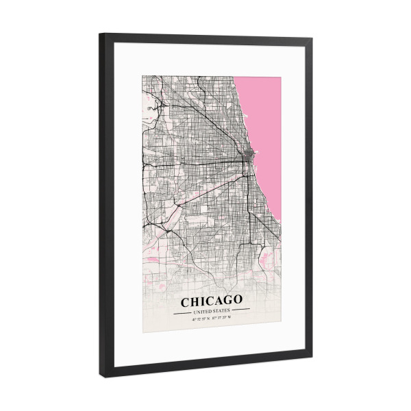 Poster mit Rahmen Schwarz (Metallic) "Stadt Chicago" artboxONE - Städte / Chicago,Kartografie