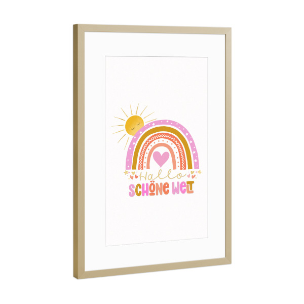 Poster mit Rahmen Gold "Hallo Welt" artboxONE - Typografie,Für Kinder