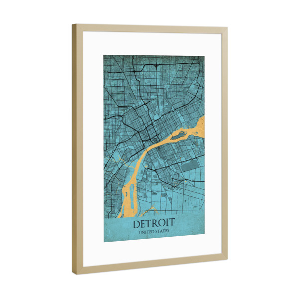 Poster mit Rahmen Gold "Vintage City Detroit" artboxONE - Städte / Weitere,Kartografie