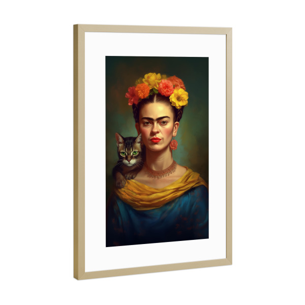 Poster mit Rahmen Gold "Frida's Katzen Welt" artboxONE - Floral,Tiere,Menschen