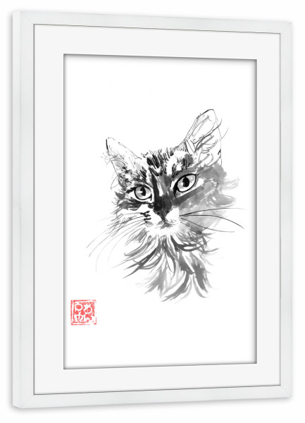 Poster mit Rahmen weiß "Pelziger Cay" artboxONE - Tiere - Katze,Sumie,Japan