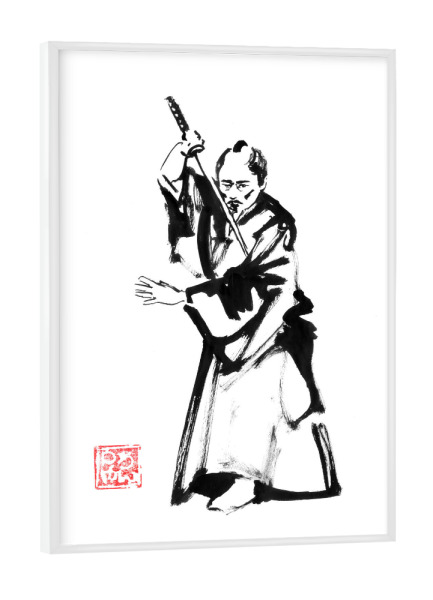 Poster mit weißem Rahmen "Saurai-Pose" artboxONE - Schwarzweiß,Reise / Asien,Männer - Samurai,Sumie,Japan