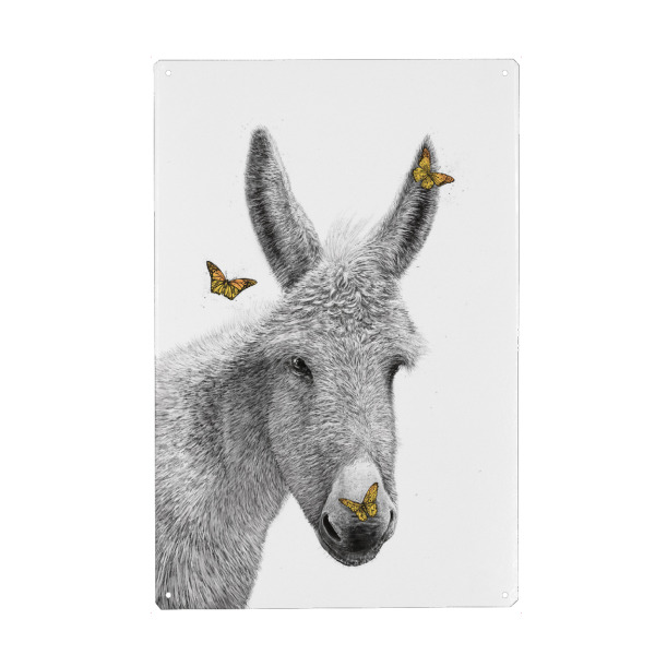 Holzbild "Esel mit Schmetterling" artboxONE - Tiere - Tiere,Tier,Natur,Esel,Schmetterling,Insekten,Grafik,Schwarz und weiß,Niedlich,Lustig
