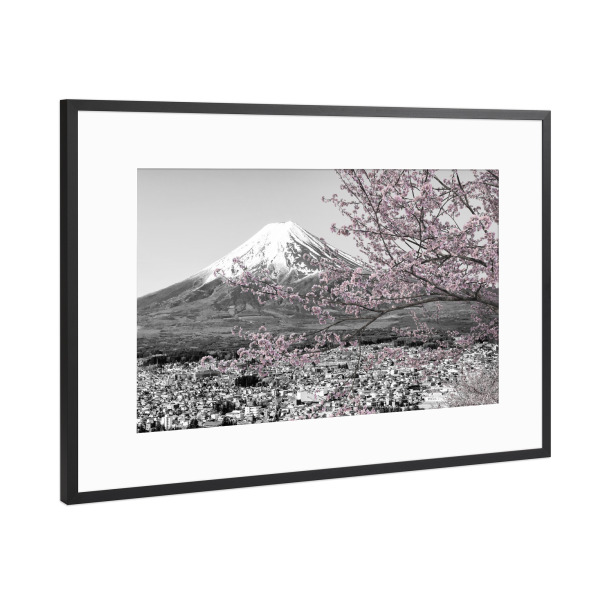 Poster mit Rahmen Schwarz (Metallic) "Malerischer Fuji zur Kirschblüte" artboxONE - Natur,Schwarzweiß,Reise / Asien