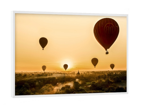 Poster mit weißem Rahmen "Ballons über Bagan" artboxONE - Natur,Reise,Reise / Asien - Ballon,Bagan,Myanmar,Morgenlicht,Pagoden,Reise,Heißluftballon