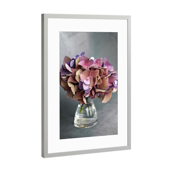Poster mit Rahmen Silber "Hortensie Vase mit Blumenstrauß" artboxONE - Natur,Floral,Liebe