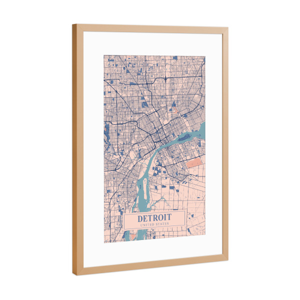 Poster mit Rahmen Kupfer "Detroit Stadt Map" artboxONE - Städte / Weitere,Kartografie