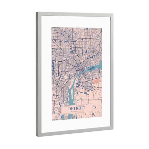 Poster mit Rahmen Silber "Detroit Stadt Map" artboxONE - Städte / Weitere,Kartografie