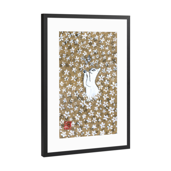 Poster mit Rahmen Schwarz (Metallic) "Katze im Blumenfeld" artboxONE - Floral,Tiere - Sumie,Japan,Katze,Schmetterling,Feld,Blumen
