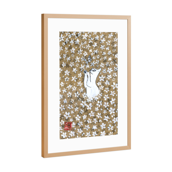 Poster mit Rahmen Kupfer "Katze im Blumenfeld" artboxONE - Floral,Tiere - Sumie,Japan,Katze,Schmetterling,Feld,Blumen