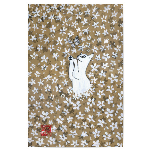Poster "Katze im Blumenfeld" artboxONE - Floral,Tiere - Sumie,Japan,Katze,Schmetterling,Feld,Blumen