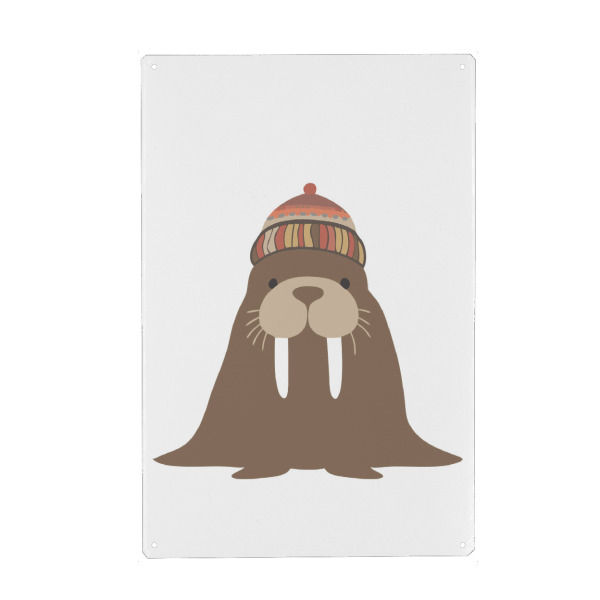 Holzbild "Cute walrus" artboxONE - Für Kinder,Tiere - Walrus,Beanie,Cartoon,Colorful,Whimsical,Tusks,Friendly,Round cheeks,Striped,Animal,Cute
