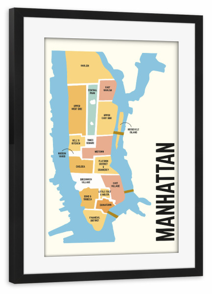 Poster mit Rahmen schwarz "Map von Manhatten" artboxONE - Städte / New York,Kartografie