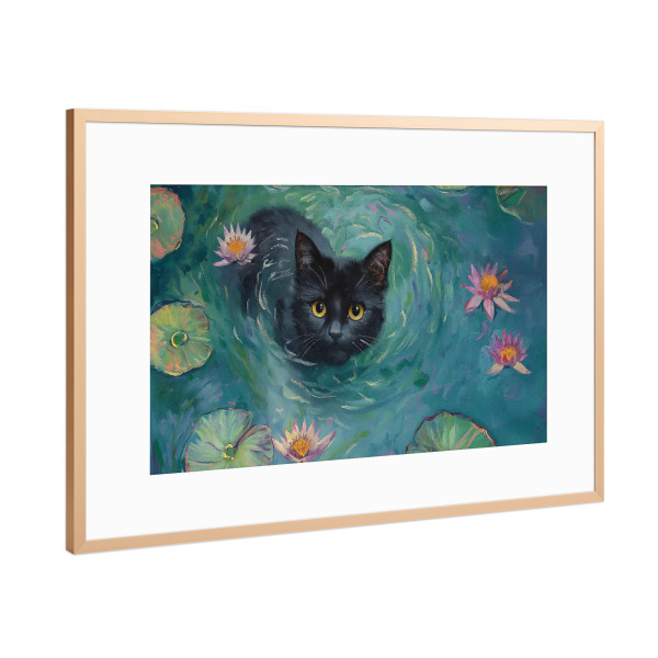 Poster mit Rahmen Kupfer "Schwarze Katze und Seerosen" artboxONE - Natur,Floral,Tiere - Schwarze katze,Seerosen,Malerei,Teich