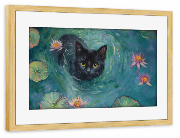 Poster mit Rahmen kiefer "Schwarze Katze und Seerosen" artboxONE - Natur,Floral,Tiere - Schwarze katze,Seerosen,Malerei,Teich