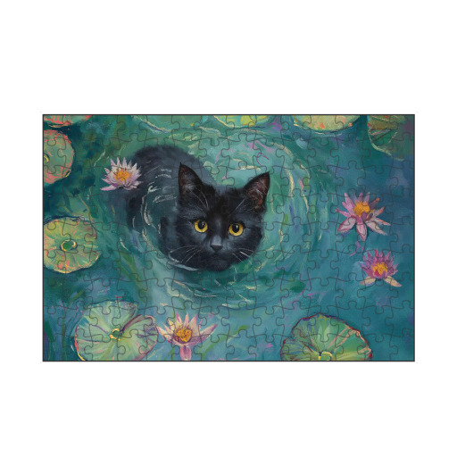 Schwarze Katze und Seerosen