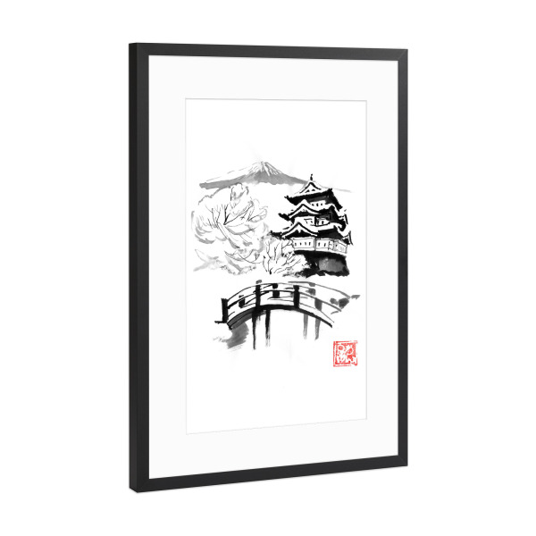 Poster mit Rahmen Schwarz (Metallic) "Tag des Schnees" artboxONE - Reise / Asien - Brücke,Fuji,Japan,Sumie,Burg,Schnee