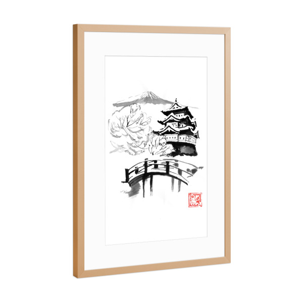 Poster mit Rahmen Kupfer "Tag des Schnees" artboxONE - Reise / Asien - Brücke,Fuji,Japan,Sumie,Burg,Schnee