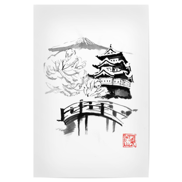 Poster "Tag des Schnees" artboxONE - Reise / Asien - Brücke,Fuji,Japan,Sumie,Burg,Schnee