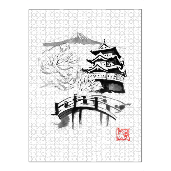 Puzzle Ravensburger "Tag des Schnees" artboxONE - Reise / Asien - Brücke,Fuji,Japan,Sumie,Burg,Schnee - Bild brücke