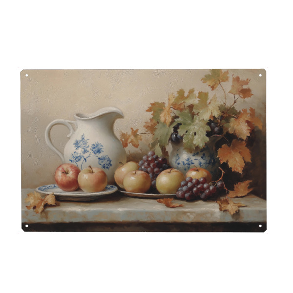 Holzbild "Porträt von Früchten" artboxONE - Essen & Trinken / Obst & Gemüse - Obst,Korb,Glas,Apfel,Traube,Obstkomposition,Küchendekor,Esszimmerdekor