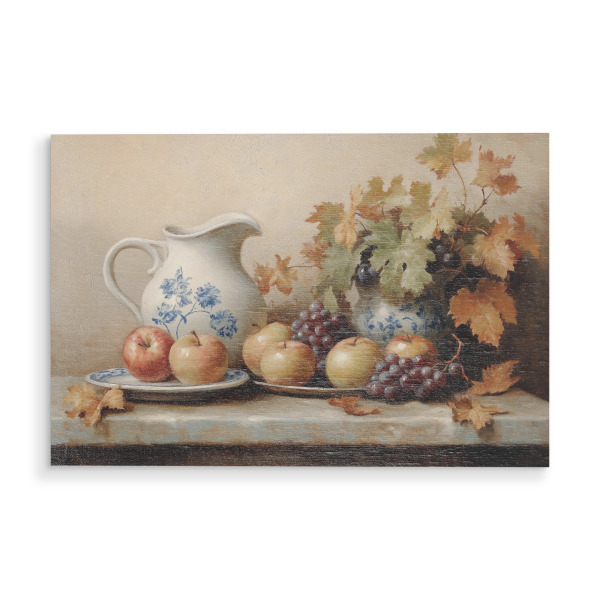 Holzbild "Porträt von Früchten" artboxONE - Essen & Trinken / Obst & Gemüse - Obst,Korb,Glas,Apfel,Traube,Obstkomposition,Küchendekor,Esszimmerdekor