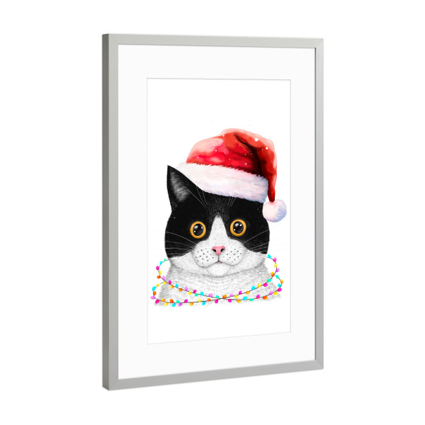 Poster mit Rahmen Silber "Weihnachtsmannkatze" artboxONE - Für Kinder,Tiere,Comic,Weihnachten,Lustig