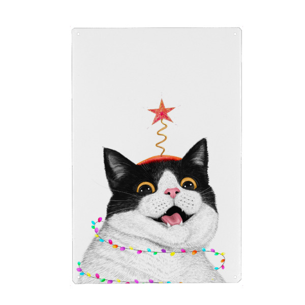 Metall Poster "Weihnachtskatze mit Lichtkugel" artboxONE - Tiere,Comic,Weihnachten,Für Mama,Lustig
