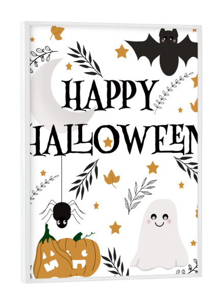 Poster mit weißem Rahmen "Frohes Mond-Halloween" artboxONE - Typografie,Halloween - Fledermaus,Geist,Mond,Kürbisse,Spinne,Blätter