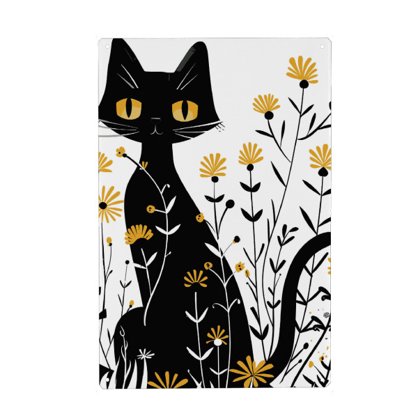 Metall Poster "Black cat flowers" artboxONE - Floral,Tiere,Lustig - Cat,Flowers,Black,Yellow,Minimalistic,Stylized,Bold,Nature,Simple,Contrast