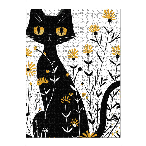 Puzzle Ravensburger "Black cat flowers" artboxONE - Floral,Tiere,Lustig - Cat,Flowers,Black,Yellow,Minimalistic,Stylized,Bold,Nature,Simple,Contrast