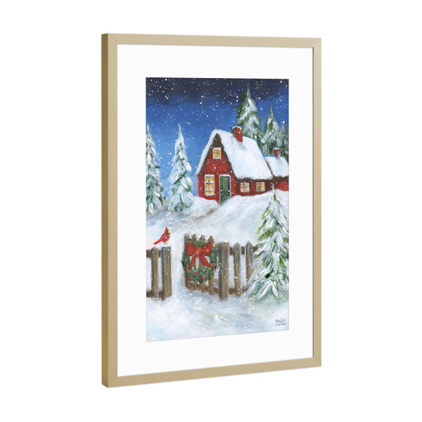Poster mit Rahmen Gold "Gemütliche Weihnachten" artboxONE - Weihnachten - Kardinal,Kranz,Winter,Schnee,Weihnachten,Feiertag