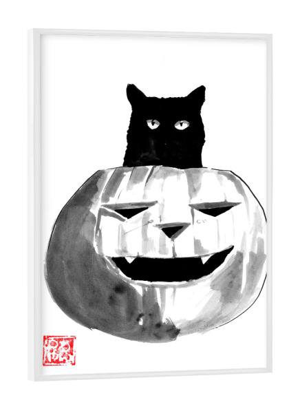 Poster mit weißem Rahmen "Halloween-Katze" artboxONE - Tiere - Katze,Kürbis,Sumie,Japan