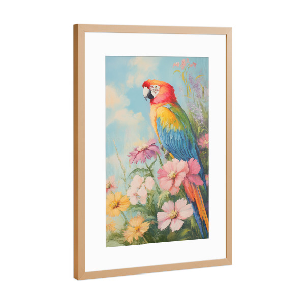 Poster mit Rahmen Kupfer "Bunter Papagei und Blume" artboxONE - Natur,Floral,Tiere - Papagei,Tier,Vogel,Bunt