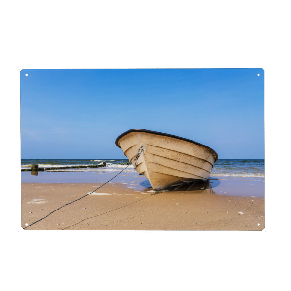 Holzbild "Strand mit Buhne und Boot" artboxONE - Natur,Reise,Reise / Strand und Meer