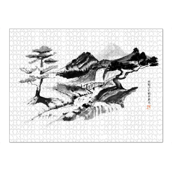 Puzzle Ravensburger "At dawn cross the bridge" artboxONE - Natur,Schwarzweiß,Reise / Asien - Brücke,Morgendämmerung,Berg,Fluss,Sumie,Japan