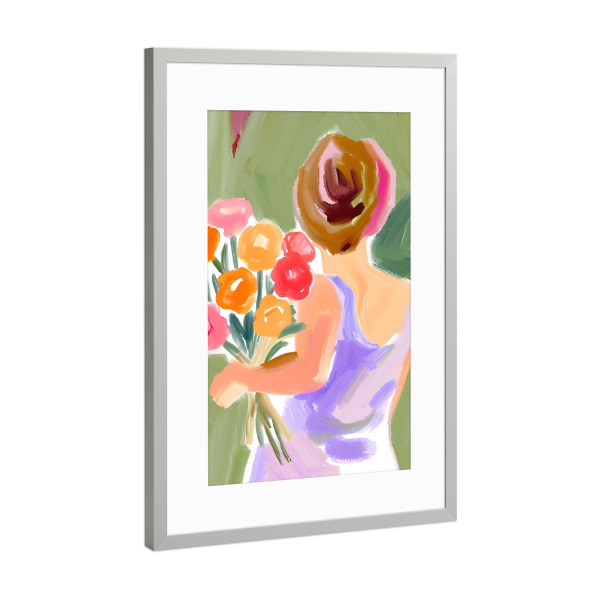 Poster mit Rahmen Silber "Frau mit Blumenstrauß" artboxONE - Floral,Abstrakt,Menschen