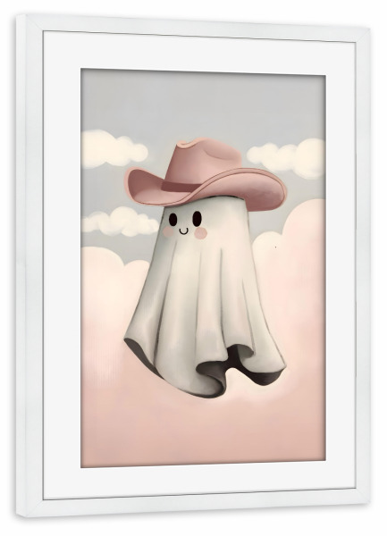 Poster mit Rahmen weiß "Hallo Geist" artboxONE - Abstrakt - Geist,Niedlich,Grüß dich,Adrett,Kokett,Wolke,Halloween,Gruselig,Gruselig