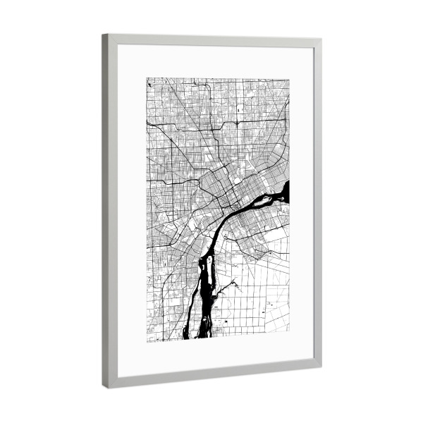 Poster mit Rahmen Silber "Detroit City Map" artboxONE - Städte / Weitere,Kartografie