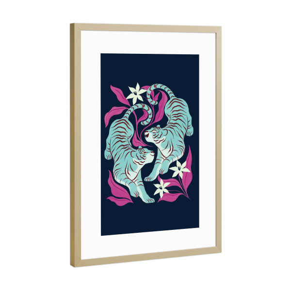 Poster mit Rahmen Gold "Tigerstärke in Blau" artboxONE - Für Kinder,Tiere
