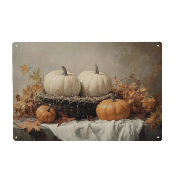 Holzbild "Kürbisse auf dem Tisch" artboxONE - Essen & Trinken / Obst & Gemüse,Halloween - Kürbisse,Kürbis,Korb,Esstisch,Esszimmerdekoration